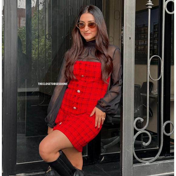 ZARA Fitted Textured Tweed Dress NWT | Red Black Blogger Favorite - Picture 9 of 16